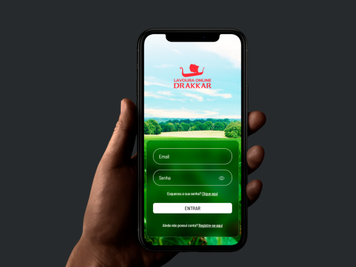 Mock-up de um celular, na tela é possível ver uma imagem de um aplicativo agrícola.