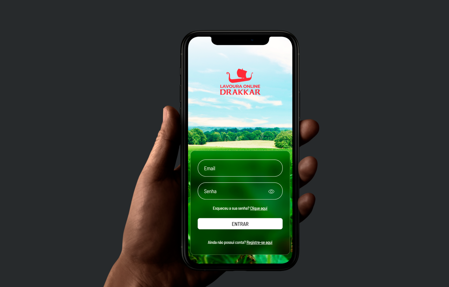 Mock-up de um celular, na tela é possível ver uma imagem de um aplicativo agrícola.